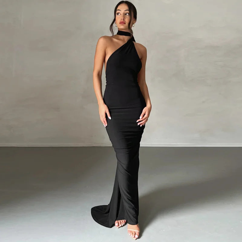 Mozision Schräge Schulter Backless Maxi Kleid Für Frauen Kleid Sommer Zurück Strap Ärmellose Geraffte Party Sexy Langes Kleid Vestidos.