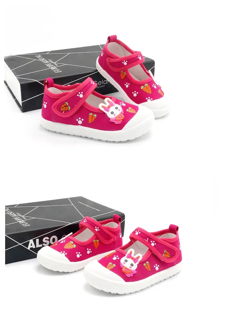 JGSHOWKITO Girls Canvas Shoes Soft Sports Shoes Kids Running Sneakers Candy  With Cartoon Rabbit Carrots Prints Children.