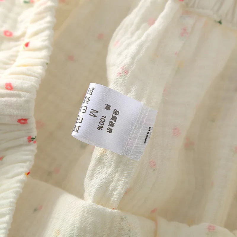 Pajamas pure cotton three-piece set spring and summer thin crepe autumn gauze lapel short-sleeved trousers shorts loungewear set.