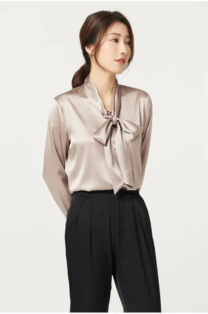 Heavyweight Mulberry Silk Shirt Women's 2025 Spring And Autumn New Long Sleeve Satin Silk Blouse V-neck Bow Ribbon Shirt