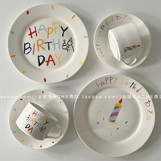 Korean Plate Designer Cute Happy Birthday Tableware Ceramic Coffee Cup Plate Dessert Cake Plate Cup Creative Birthday Gift.