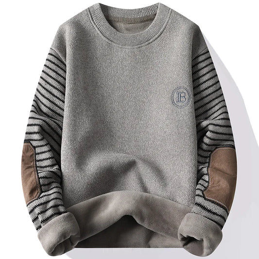 Men's Sweater Patckwork Round Neck Pullovers Fleece Lined Thick Warm Winter Knitwear Fashion Jumpers Men's Clothes.