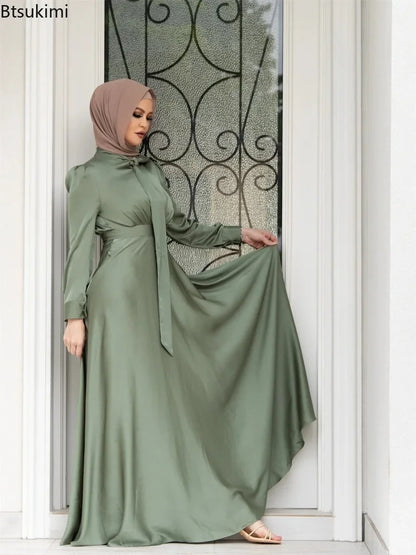Elegant Satin Dress for Women Muslim Fashion Abaya Hijab Dubai Turkey Evening Dresses Arabic Kaftan Robe Female Islamic Clothing.
