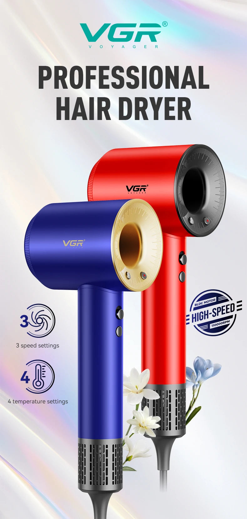 VGR Leafless Hair Dryer Professional Negative Ion Dryer Brushless Motor 11000RPM Electric Hair Dryer Barber Salon Tools V-445