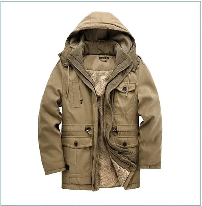 Men's Jacket WINTER USA SIZE Large SIZE Lamb Fleece JACKETS Hooded Cotton Thickened Multi Pocket Casual Mid length Coat