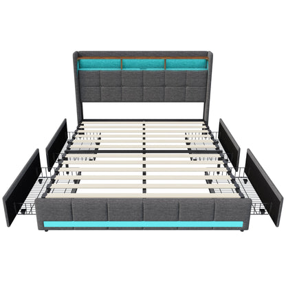 Creahappy Twin-Bettgestell – Polsterbett in Grau – mit USB-Ladeanschluss – mit LED-Beleuchtung – Aufbewahrungsschubladen auf beiden Seiten