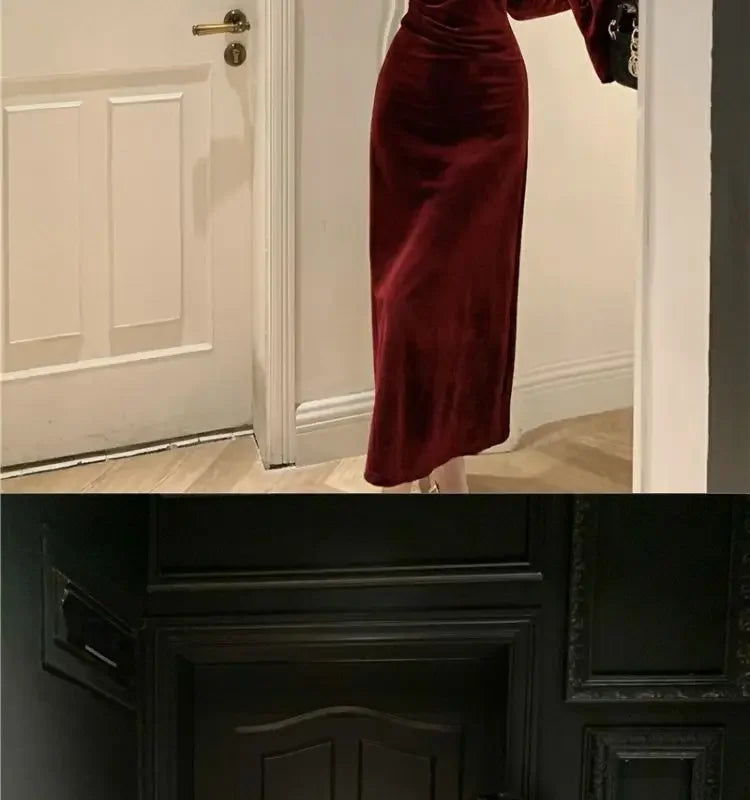 Internet Celebrity High-End-Samtkleid Leichtes, temperamentvolles, hoch tailliertes, schlankes, burgunderrotes Fischschwanzkleid.