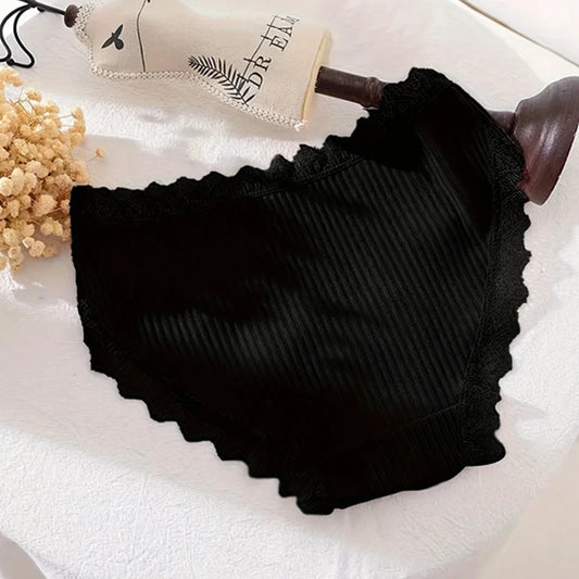 4 Pcs Lace Wavy Trim Bikini Panties, Comfy & Breathable Elastic Intimates Panties, Women's Lingerie & Underwear.