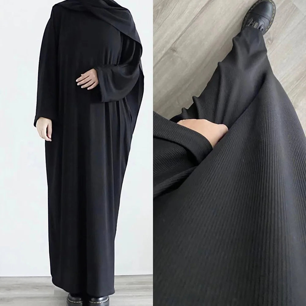 Saudi Arab Turkish Autumn Winter Knitted Dress For Women Jalabiyat Solid Comfortable Belted Casual Muslim Ramadan Robe.
