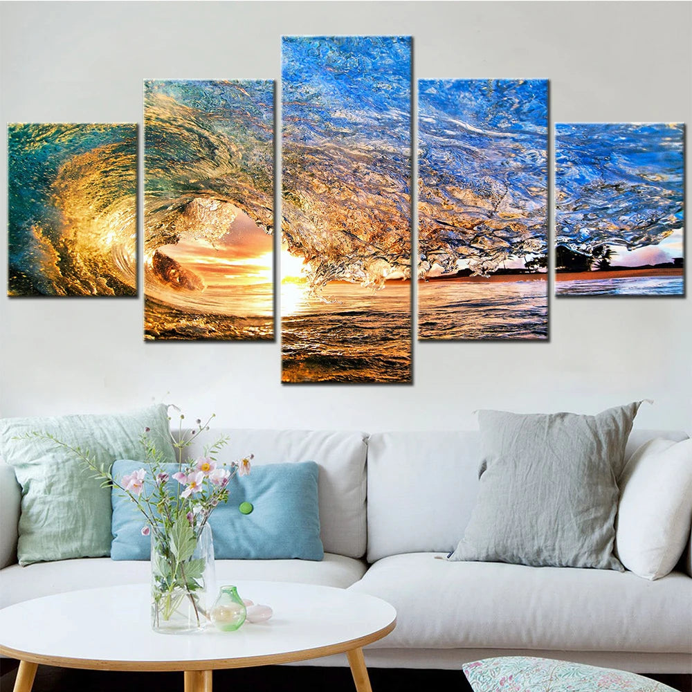 5 Pcs Sea Sunset in Waves Canvas Painting - Modular Wall Art Poster Prints for Living Room Home Decor.