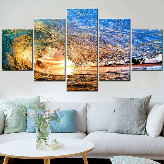 5 Pcs Sea Sunset in Waves Canvas Painting - Modular Wall Art Poster Prints for Living Room Home Decor.