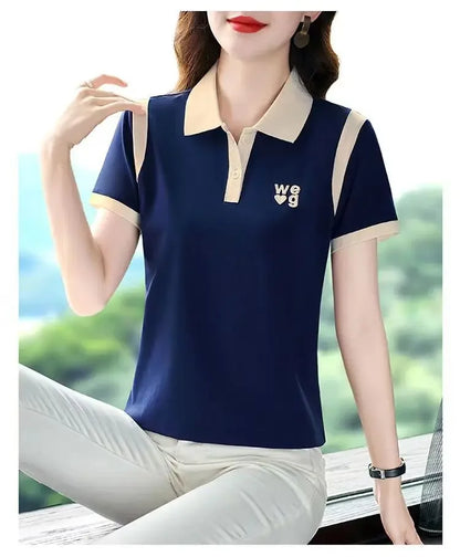 Fashionable Short Sleeve Polo Shirt Women's Summer Sporty Hong Kong Style Top High End Mixed Fabric Slim Fit T-Shirt.