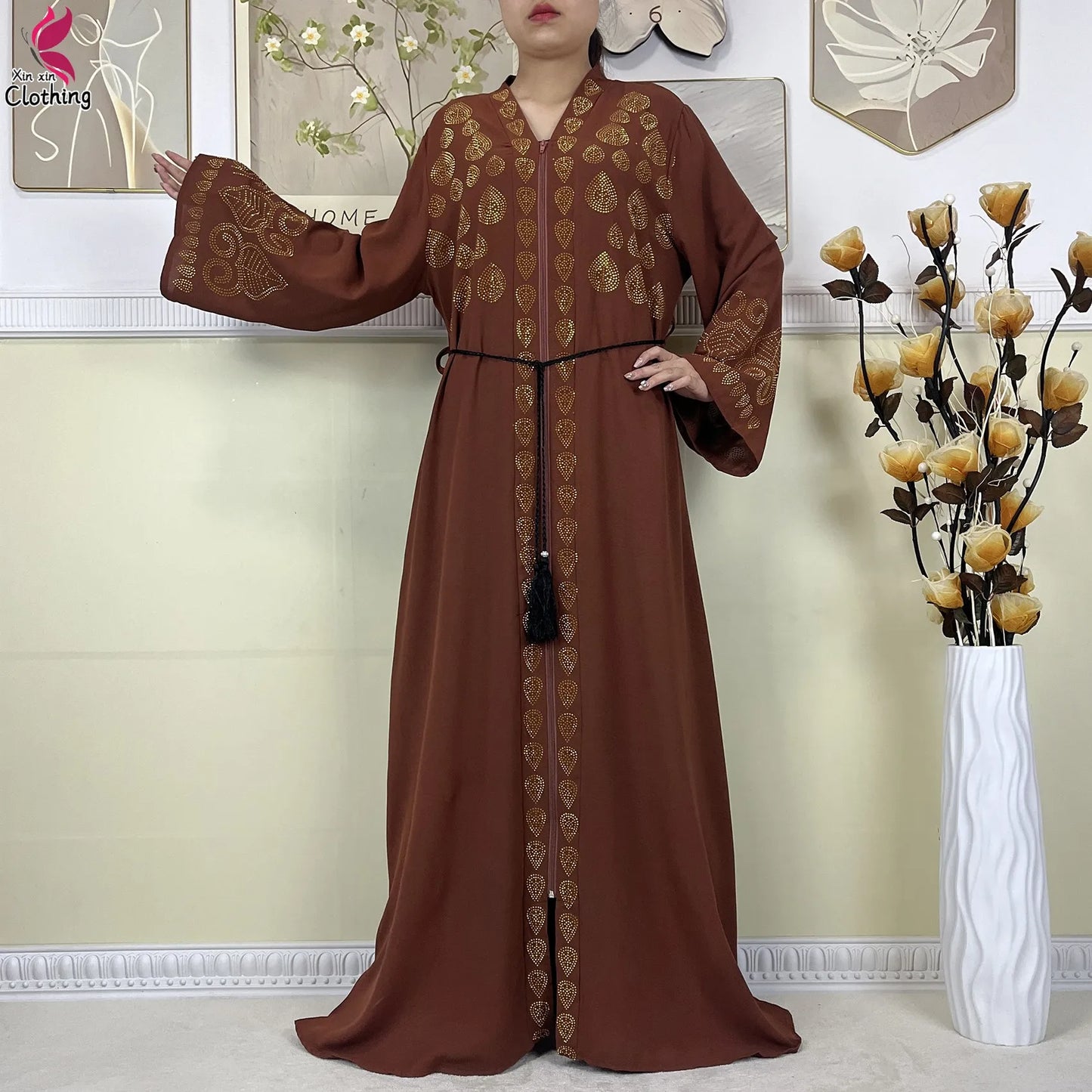 New Style Women Muslim Dress Chiffon Open Abaya 2024 Dubai Women Elegant Dress Islamic Clothing Zipper Cardigan Abaya With Scarf.