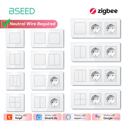 BSEED Zigbee Click Wandschalter Serie Intelligente Lichtschalter Gelbe Hintergrundbeleuchtung Glasrahmen Tuya-Schalter EU-Wandsteckdose USBC-Anschluss.