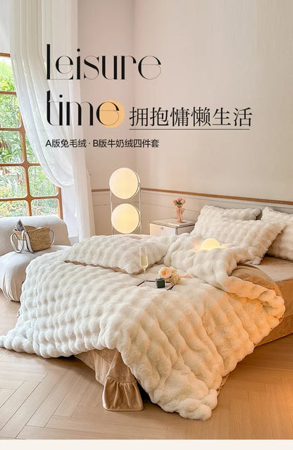 2024 new solid color colorful rabbit wool four-piece set, one side of rabbit fur and one side of milk wool thickened warm.