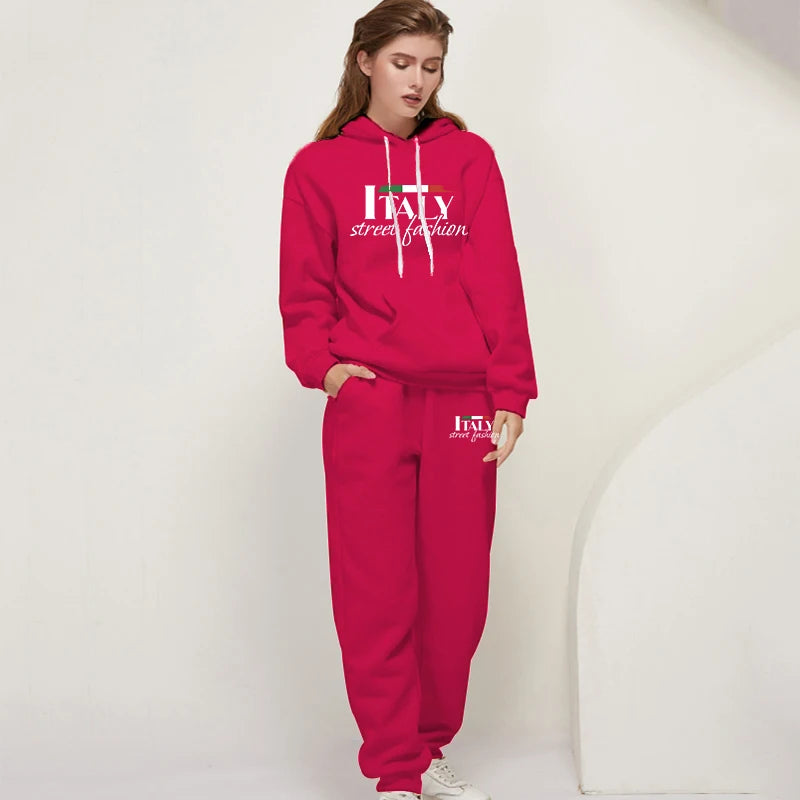 Womens Pants Suit Print Casual Hooded Sweatshirt Set Sports Jogging Woman Clothing AutumnWinter Office Home Tracksuit Street y2k.