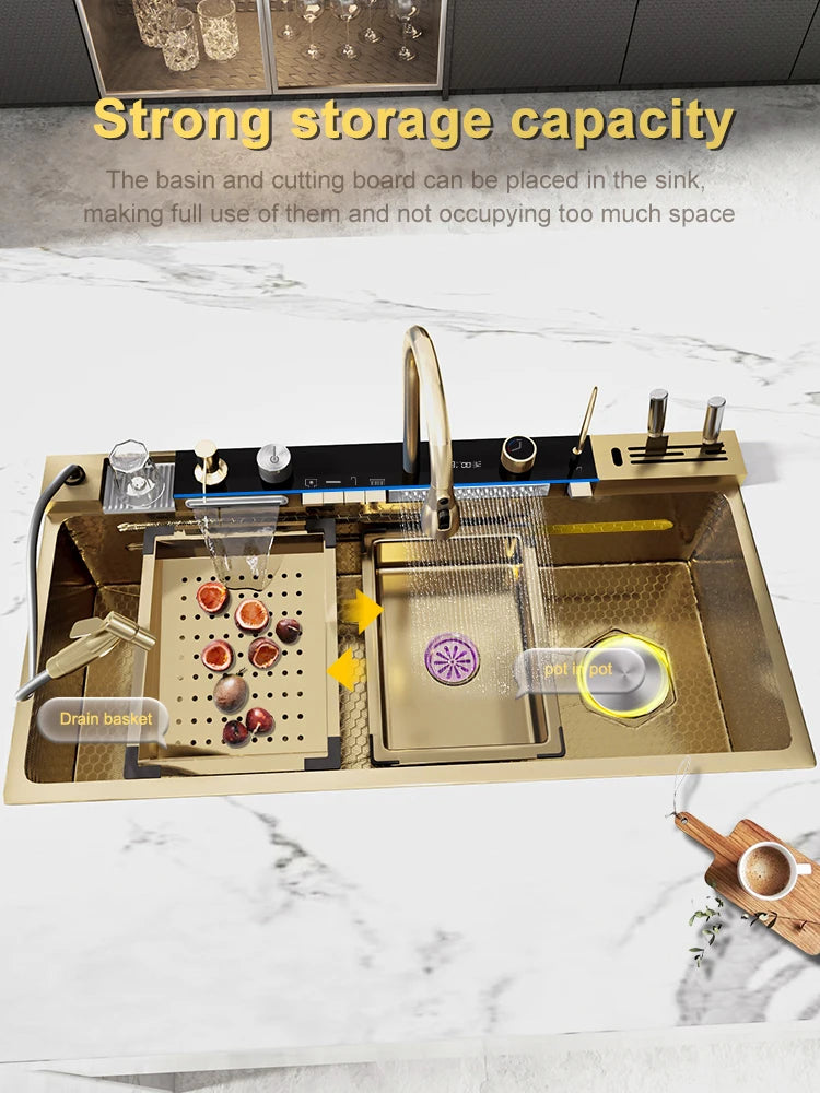 Stainless Steel Kitchen Sink Waterfall Wash Vegetables Basin Intelligent Digital Display Faucet Dish Wash Bowl Large Single Slot