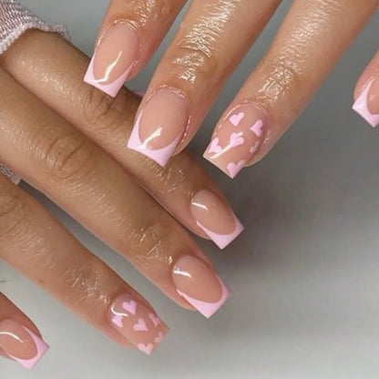24Pcs Nude Color Fake Nails Short Square Head Press on Nails White Heart Printed Valentine's Day Full Cover False Nails Tips.