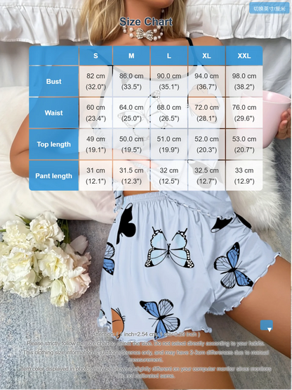 Schmetterlingsdruck-Pyjama-Set, Salatbesatz, Cami-Top, elastischer Bund, Shorts, Damen-Nachtwäsche, Loungewear.