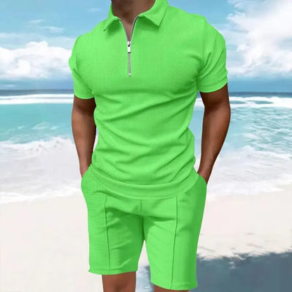 Men's Comfortable Short-Sleeved Waffle Polo Shirt And Shorts Set - Breathable Lightweight Spring/Summer Clothing