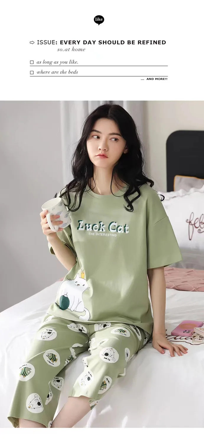 Sommer Neue Damen Pyjamas Homewear Set Kurzarm Pyjamas frauen Sommer Einfache Koreanische Cartoon Lose Große Größe Homewear.