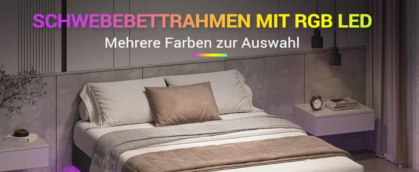 Bett 140x200 mit verstellbarer Beleuchtung, Bettgestell 140x200 mit weicher Polsterung, schwebender Bettrahmen, gepolsterte Jugendbe