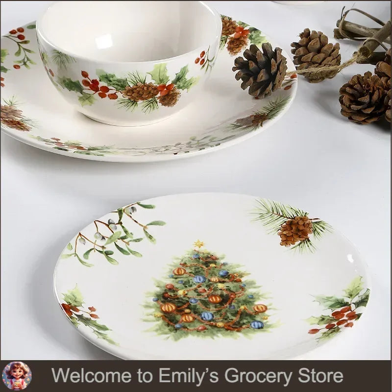 Christmas Tree Ceramic Plate European Style Tableware Coffee Mug Dinner Plates Fruit Snack Western Dishes Kitchen Christmas Gift.