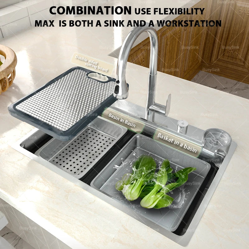 Silberne Küchenspüle aus Edelstahl 304, großer Einzelschlitz, Unterbau-Multifunktions-Geschirrspülbecken, 31,5 x 18,9 Zoll