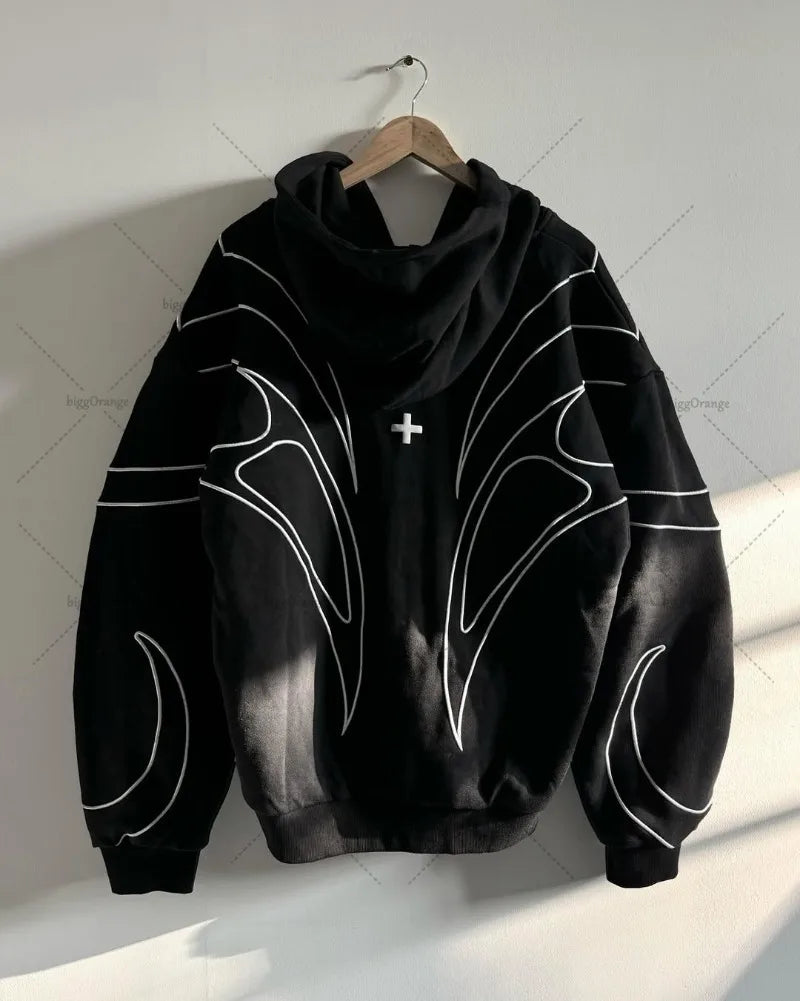 Striped splicing embroidery oversized hoodie American new clothing high street trend brand double zipper black zipper sweatshirt.
