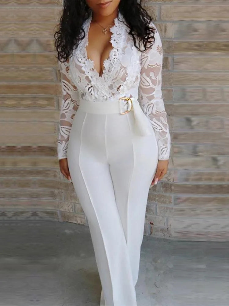 White Jumpsuits For Woman Lace Stitching Long Sleeve V-neck Wide Leg Pants With Belt Lady Romper Mono Women's Clothing Offers.