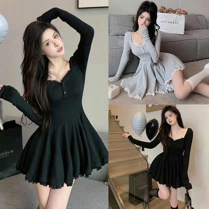 Sexy koreanisches Kleid im französischen Stil, Taille geschlossen, lange Ärmel, Schlüsselbein, freigelegt, süß.