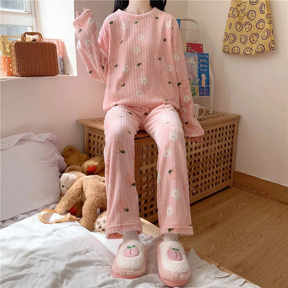 Winter-Damen-Pyjama-Homewear-Anzug, neues warmes Set aus Korallen-Fleece für Herbst und Winter, bequemer warmer Pyjama-Homewear-Anzug