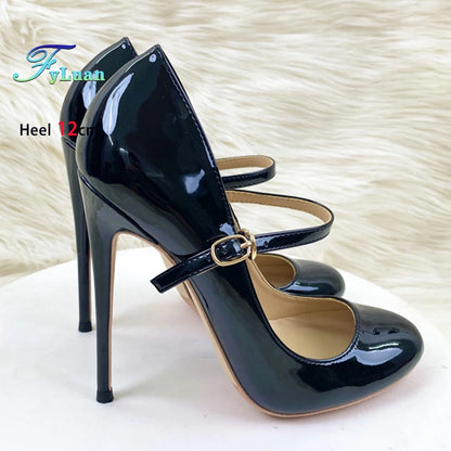 Round Toe Stiletto Shoes For Women Black Mary Jane Shoes 10CM 12CM Thin High Heels Spring Autumn Buckle Strap Fashion Sexy Pumps.