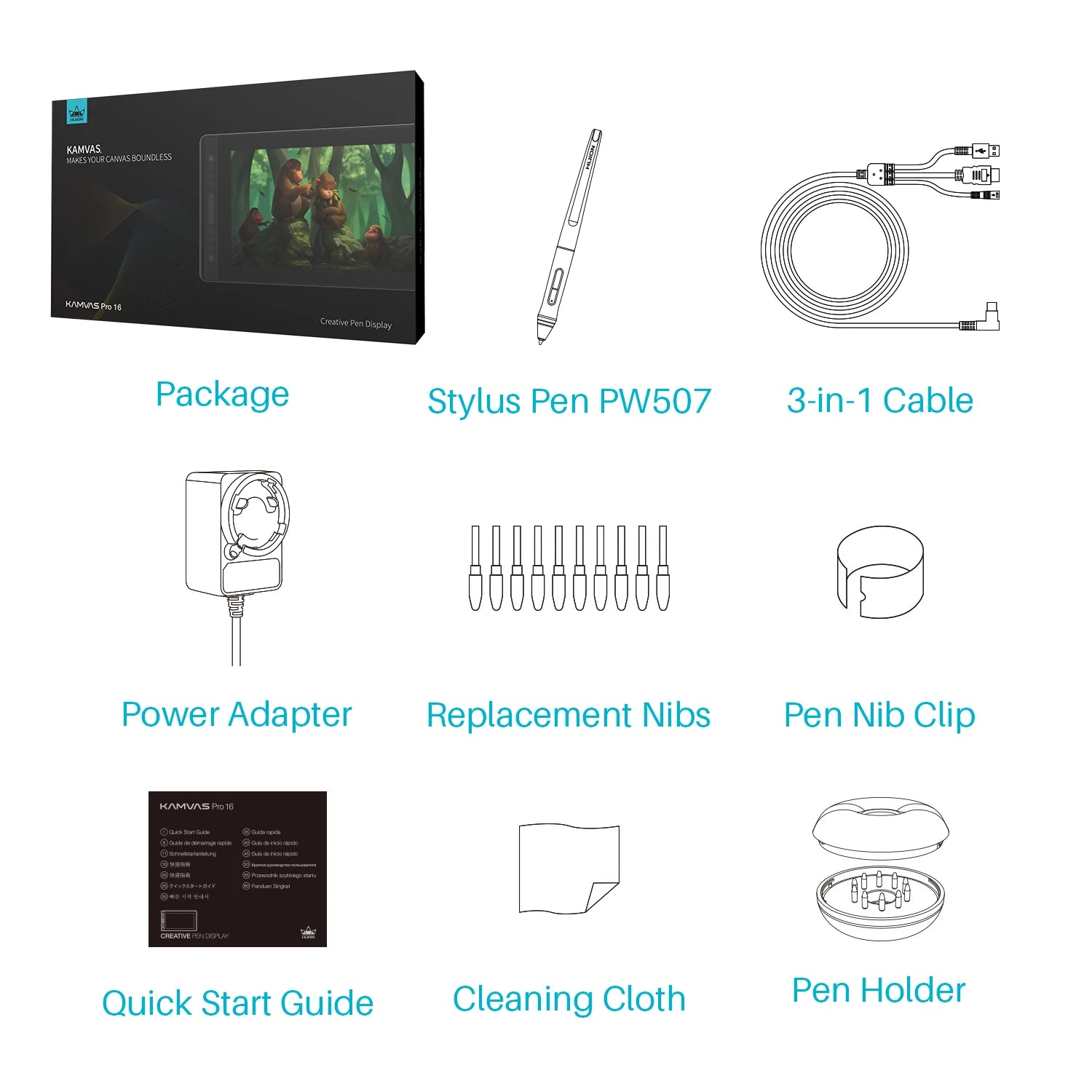 Huion Graphic Monitor Kamvas Pro 16 Drawing Tablet Screen 15.6 Inch Digital Tablets Draw Display with Battery-free Stylus Pen.