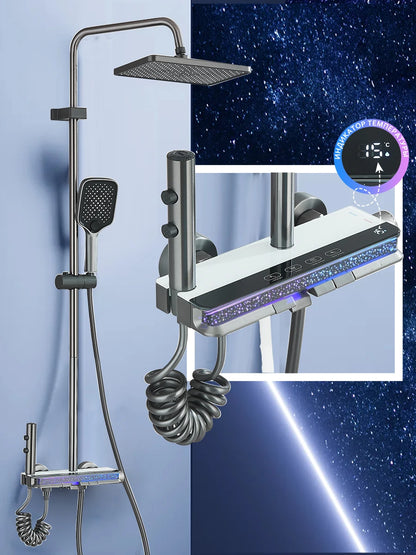 Intelligent Digital Display Luxury Shower Set Bathroom Wall Mounted Piano Key 4 Ways Water Outlet Rainlfall Shower Faucet System