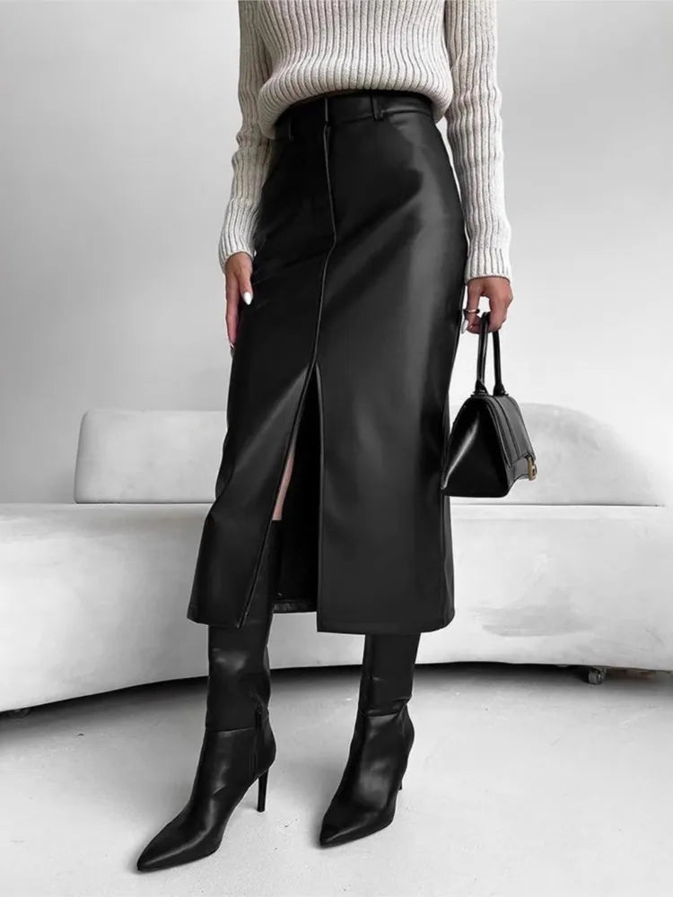 Leather Skirt High Waist Women Front Slit Spring Autumn Long Skirt High Waisted Office Lady Slim Skirts Elegant Ropa De Mujer.