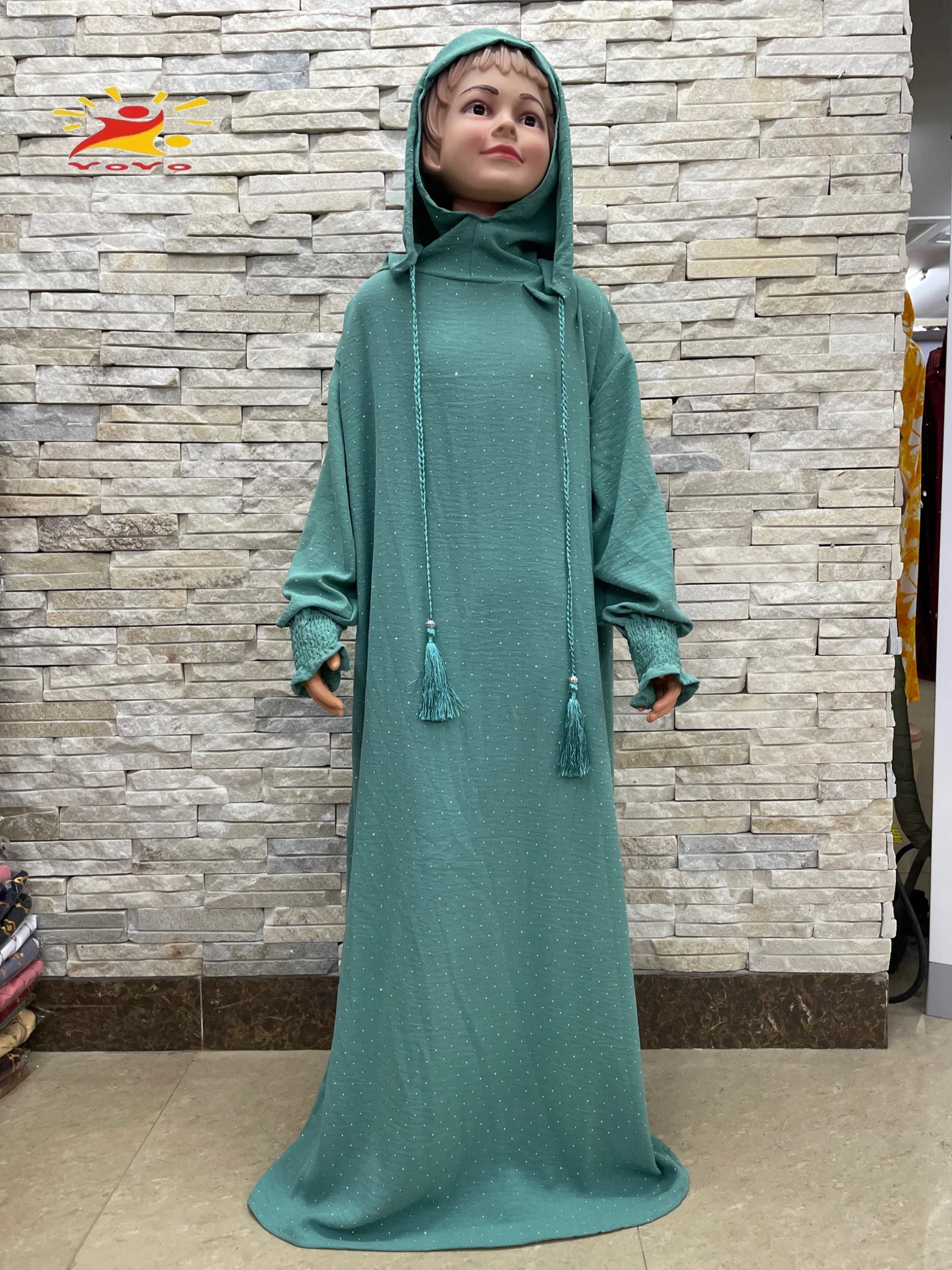 Kids Cotton Islamic Dress Full Cover Robe for Muslim Girls with Two-Hat Turkey Diamond Abaya New Eid Ramadan Prayer Garment.