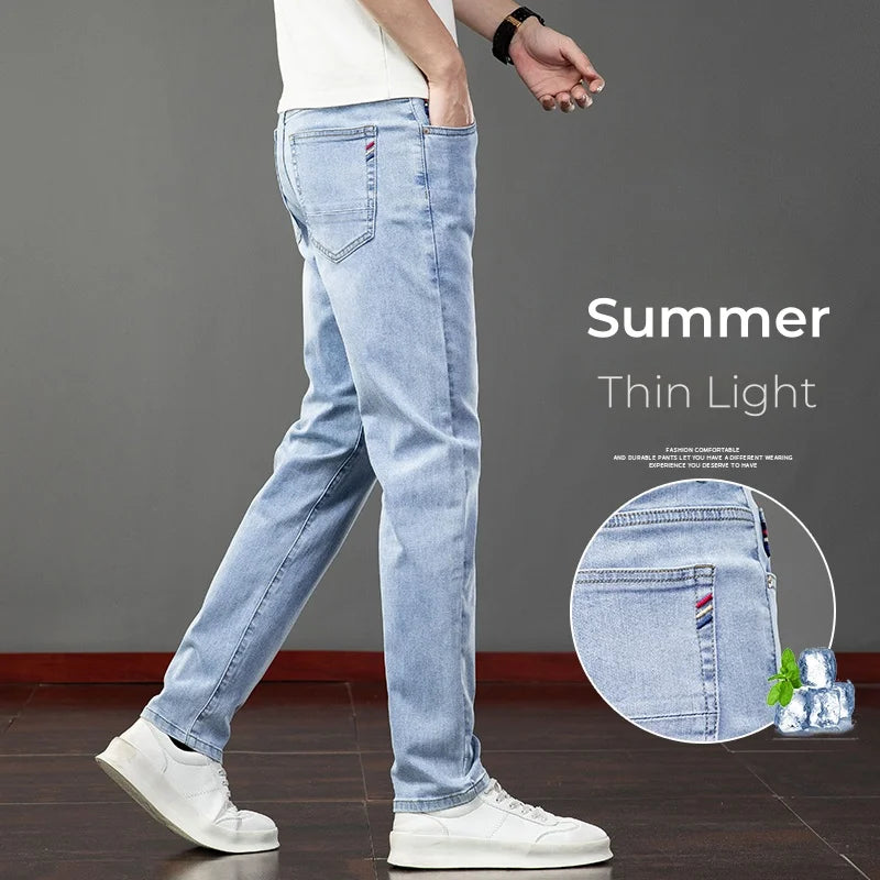 Spring Summer Thin Slim Fit Jeans Mens Elastic Straight Casual Business Denim Pants Washed Classic Brand Clothing Men Trousers.