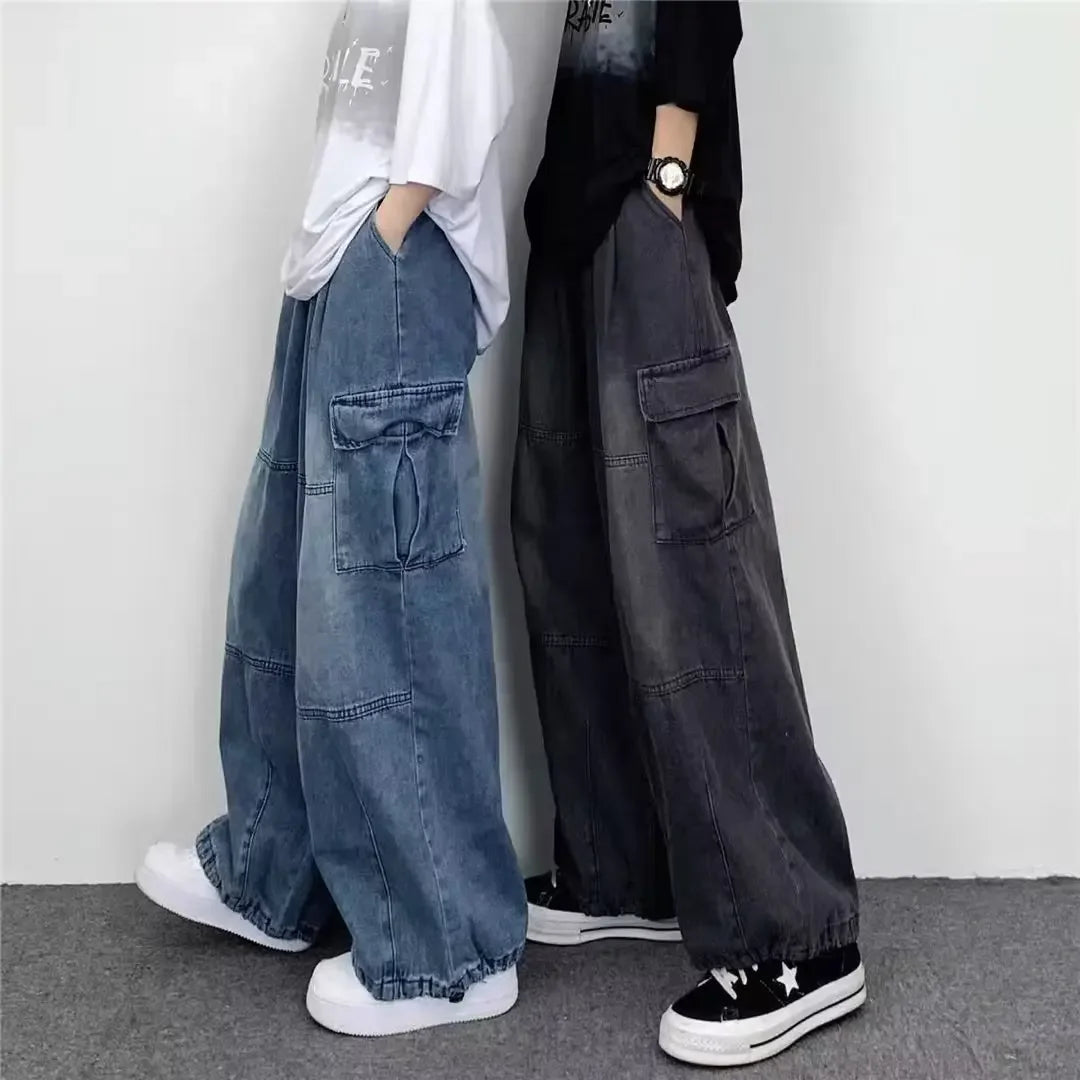 Japanese Vintage Wide-leg Pocket Cargo Pants Men's Autumn/winter New Trendy Brand Ins Unisex Loose Fit Straight Leg Jeans.