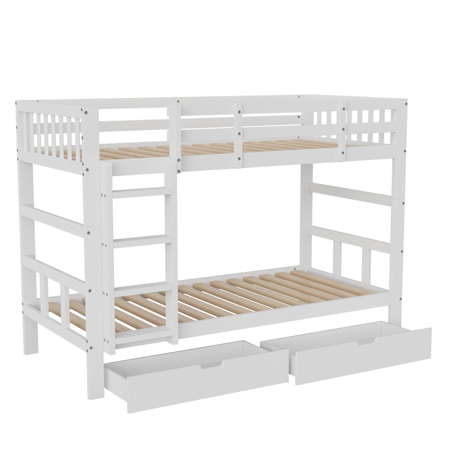 Rosahqnda Massivholz-Bettgestell 90 x 200 cm, Kinderbett mit Schubladen und Kopfteil für Bücher, Einzelzimmer, Weiß