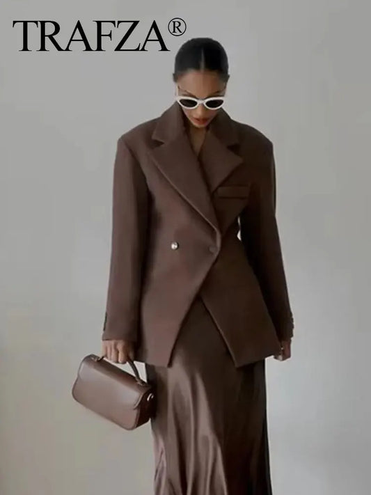 TRAFZA Frauen Elegante Feste Revers Zwei Tasten Anzug Jacke Mode Lange Hülse Dünne Kurze Mäntel 2024 Neue Casual Büro Dame Blazer