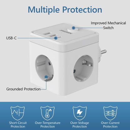 Wandsteckdosen-Extender mit Schalter, 3 Steckdosen, 2 USB-A- und 1 Typ-C-Anschlüsse, tragbarer Cube-Steckdosenleisten-Adapter zum Aufladen auf Reisen.