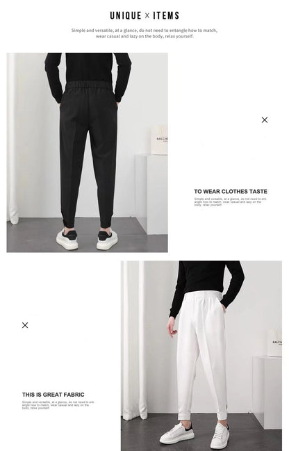 Fashion Men Casual Pants Elastic Waist Small Feet Slim Korean Style Pleated Tapered Male Blazer Pants Trousers Streetwear.