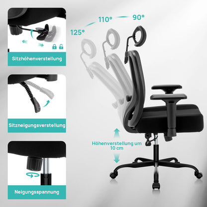 WOTSTA Ergonomischer Bürostuhl mit atmungsaktiver Rückenlehne und verstellbaren Kopfstützen-Armlehnen, gepolstertem Sitz, ideal für Arbeit und Studium
