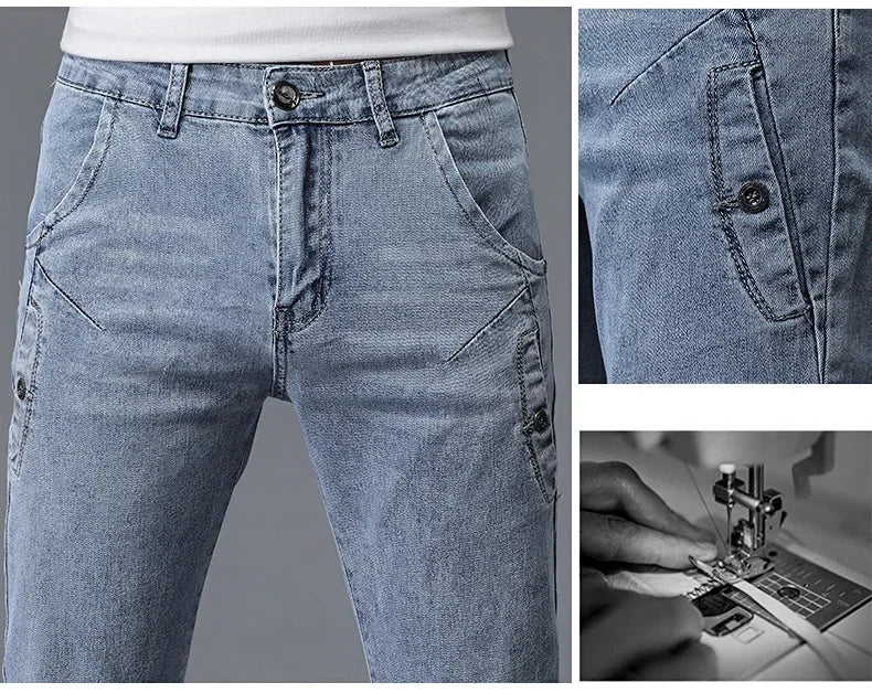 2024 New Men's Skinny Jeans Blue Gray Cotton Elasticity Straight Pencil Foot Slim Fit Fashionable Casual Denim Long Pants Male.
