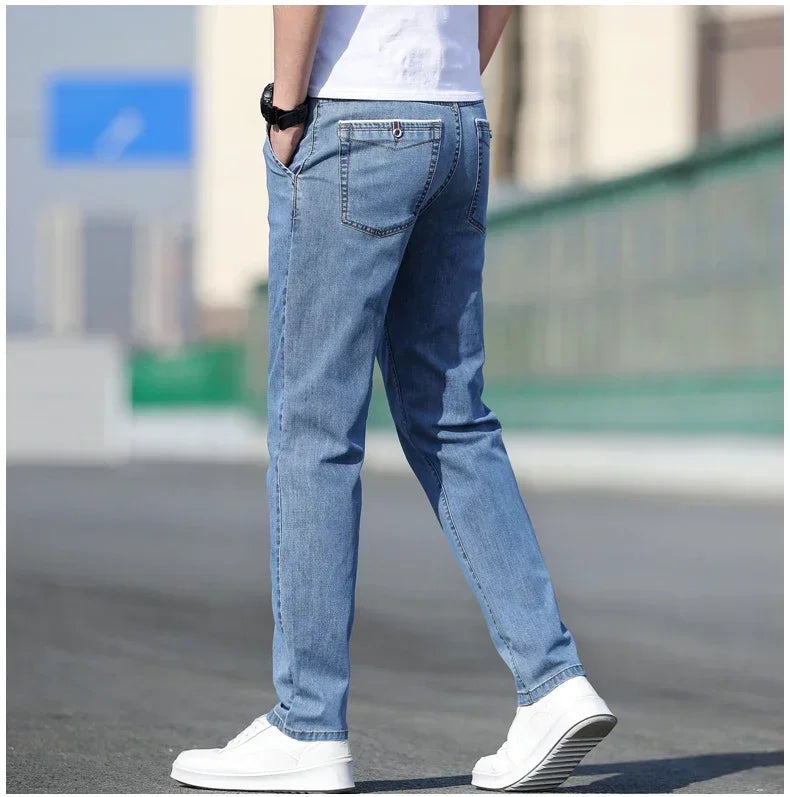 KUBRO 2024 Summer New Men's Loose Stretch Gray Jeans Fashion Casual Stretch Straight-leg Denim Pants Male Light Blue Brand.