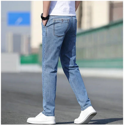 KUBRO 2024 Summer New Men's Loose Stretch Gray Jeans Fashion Casual Stretch Straight-leg Denim Pants Male Light Blue Brand.