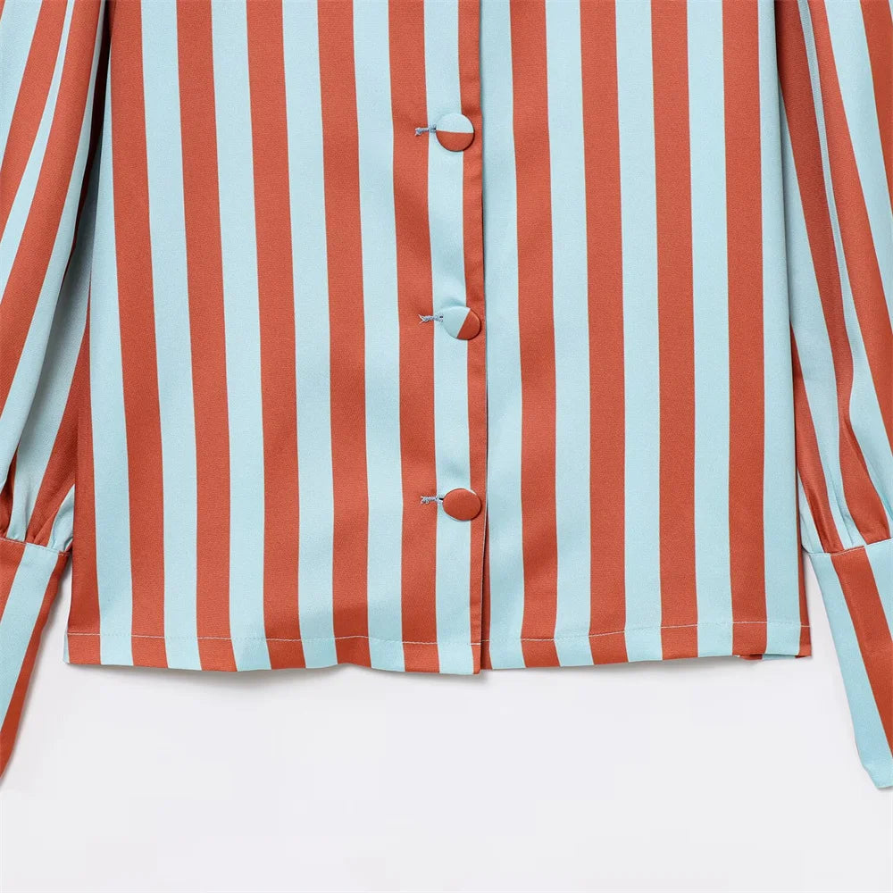 women's fashionable and versatile round neck long sleeved striped bubble sleeve temperament summer new top.