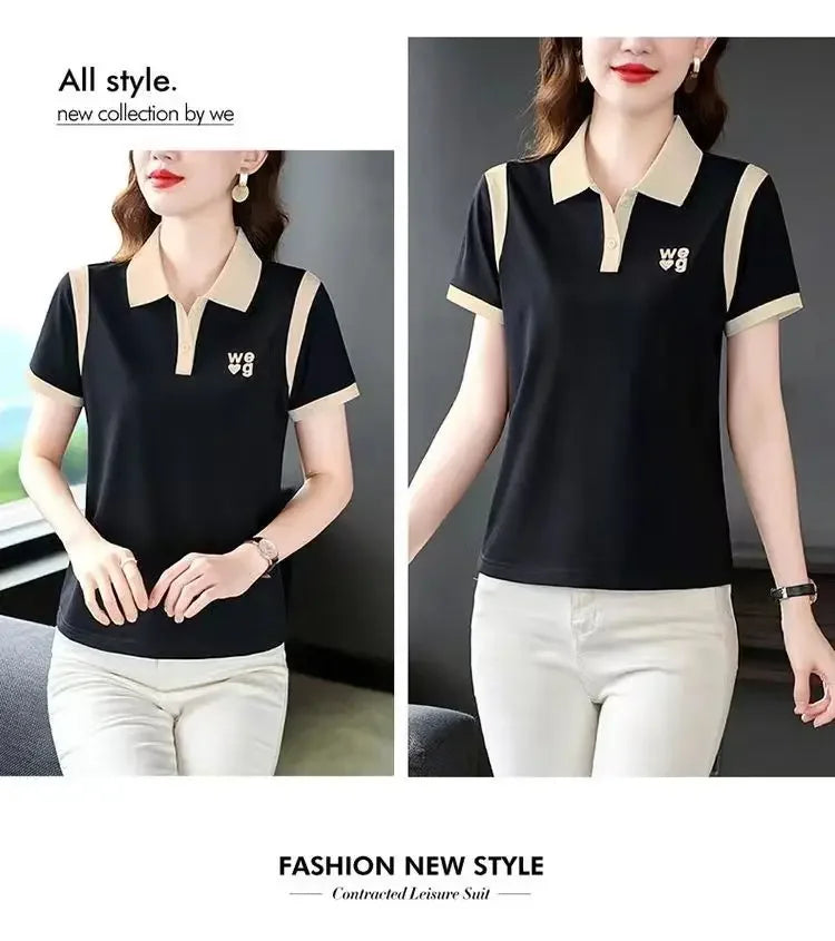Fashionable Short Sleeve Polo Shirt Women's Summer Sporty Hong Kong Style Top High End Mixed Fabric Slim Fit T-Shirt.