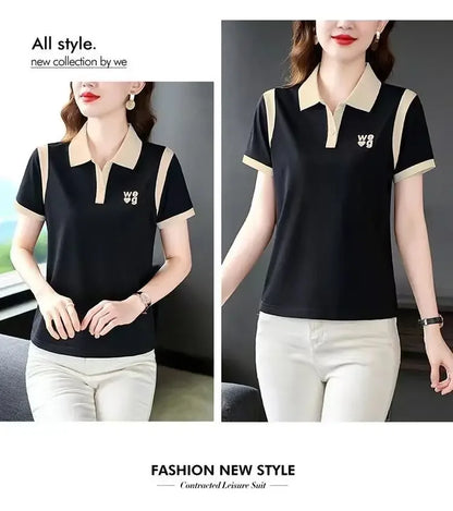 Fashionable Short Sleeve Polo Shirt Women's Summer Sporty Hong Kong Style Top High End Mixed Fabric Slim Fit T-Shirt.